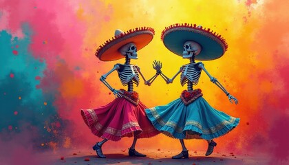 Fototapeta premium Two traditional Mexican Calavera Catrina skeletons wear vibrant colorful dresses, large sombreros. Figures dance joyfully together during Dia de los Muertos festival celebration. Bright pink orange