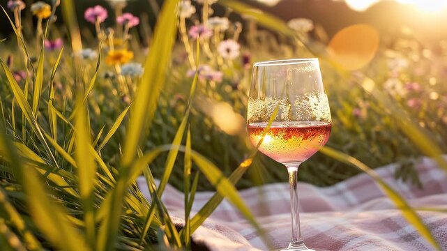 A glass of wine on a picnic blanket in a field of flowers.