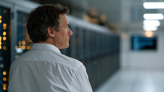 Database administrator staring at rows of server rack indicator lights in a cool-lit data center, over the shoulder view showing terminal commands on a wall monitor,