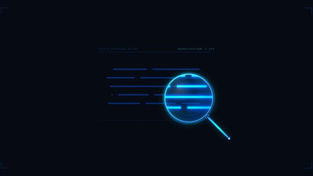 Futuristic Digital Magnifying Glass Scanning Code on Dark Background.