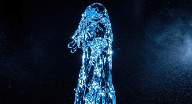 A stunning vertical column of translucent blue water rises against a dark background, showcasing liquid motion, light reflections, and spray, water, texture, serene