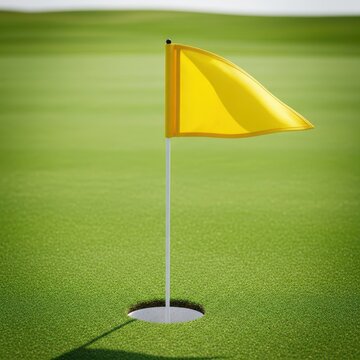 A vibrant yellow pennant flag waves atop a metal pin positioned inside a circular hole on a perfectly manicured green golf course lawn, target, summer, sunny