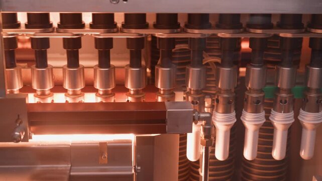 PET plastic preforms heating inside an industrial blow molding machine