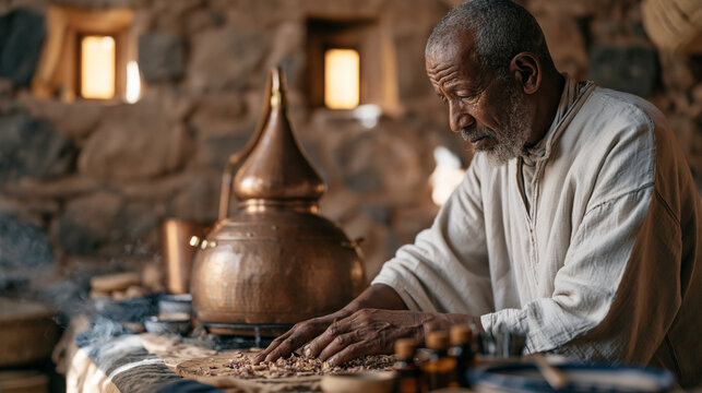 Essential oil distiller tending copper alembic stills in a stone-walled Moroccan distillery, steam rising from rose petals, amber afternoon light filtering through small windows,