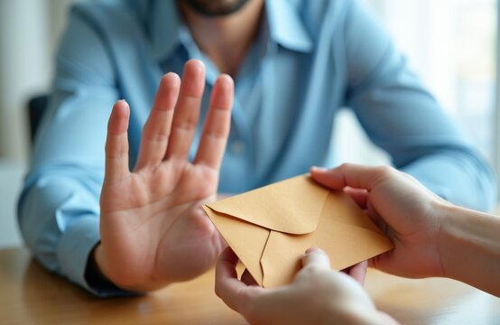 Businessman rejects bribe offer in office. Person denies illegal payment from partner hand. Man shows stop gesture to brown envelope with money. Ethics, pro integrity concept in corporate workplace.