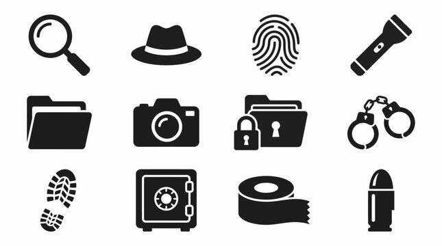 Detective investigation icons set. Crime scene evidence symbols for forensic police analysis.