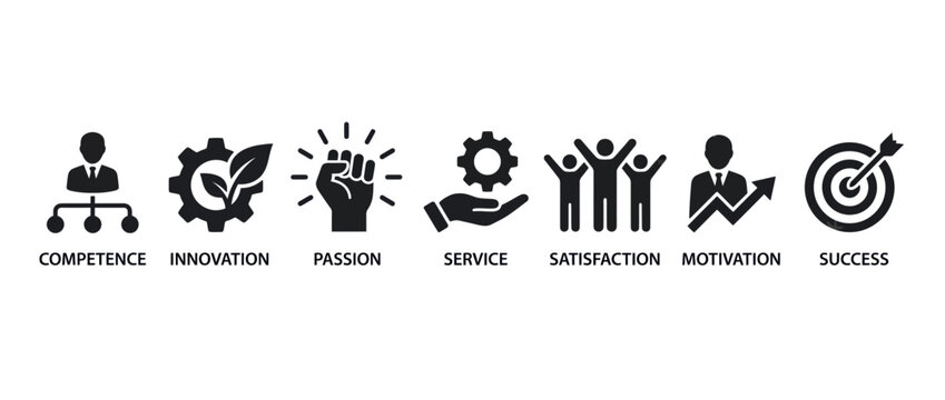 Business success icons set with core values and professional growth symbols. Flat design vector illustrations for corporate strategy and team motiv...