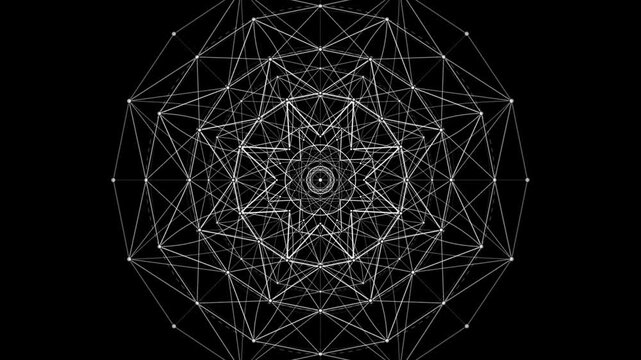 Abstract white geometric plexus mandala animation on black background.