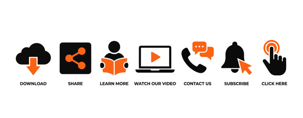 Modern flat design call-to-action icons for websites and apps. Vector UI elements for download, share, contact, and engagement buttons.