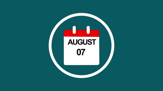 Animated calendar showing august 7th date reminder for business scheduling and event planning