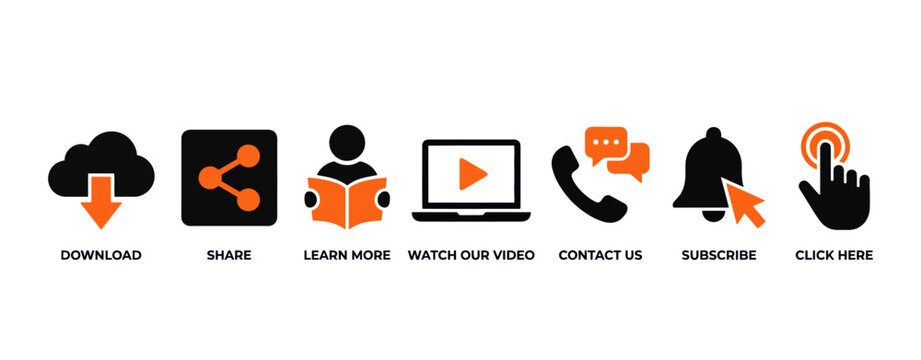 Modern flat design call-to-action icons for websites and apps. Vector UI elements for download, share, contact, and engagement buttons.