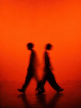 Abstract long exposure silhouette of two anonymous people walking in opposite directions, motion blur trail with vibrant fiery orange monochromatic neon light for psychological concept art