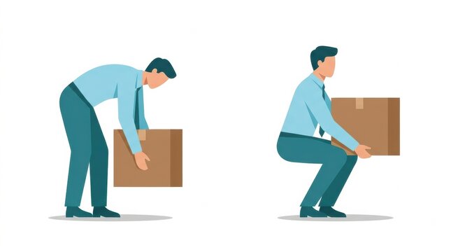 A person shows correct and incorrect ways to lift a box in a workplace setting. This highlights ergonomic practices for health.