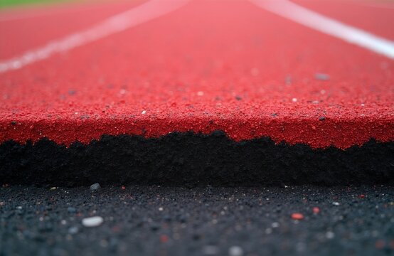 Red rubber running track surface closeup view. Bright synthetic material texture overlays dark asphalt base ground. Pro stadium lanes for athlete speed training. Sport court floor construction
