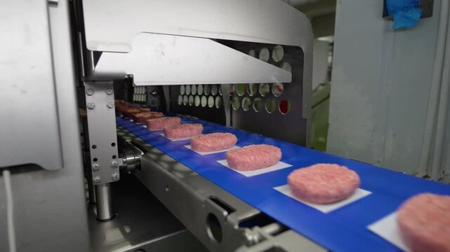 Automated machine shaping and dispensing raw minced meat patties onto a conveyor