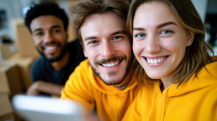 Fototapeta premium Smiling young man sits with two female friends among moving boxes in a compact shared apartment, representing relocation and affordable rental housing