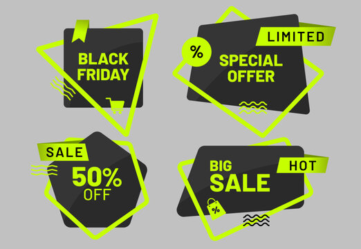 Black Friday sale banner set with neon green discount labels, shopping icons and promotional elements. Modern vector templates for retail, ecommerce, marketing and seasonal discounts.