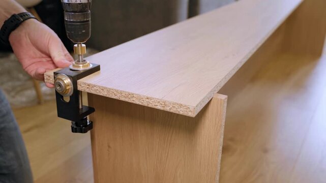 Carpenter Drilling Pocket Holes with Woodworking Jig