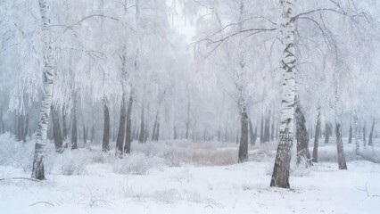 Fototapeta premium Birch trees covered in frost standing in snowy forest mist