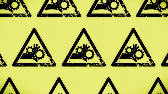 Grungy yellow industrial hazard warning signs seamless loop background.