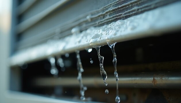 Clear water droplets drip from metal air conditioner unit pipe outdoors. Liquid condensation flows down from mechanical cooling system cooling residential home exterior. Moisture leaks from drain