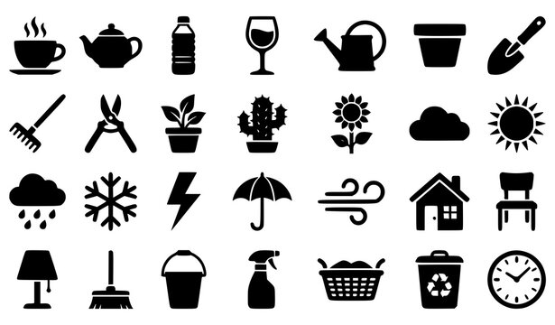 Minimal monochrome flat vector icon set featuring drinks gardening weather and household objects isolated on white background