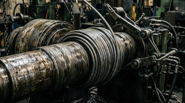 Closeup medium view of thick wire spiraling robustly on a coiling mandrel emphasizing heavy metal texture and powerful mechanical force in action.