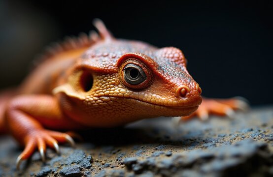 Red Tegu lizard rests on textured rock surface. Close-up profile shows scaly skin detail and intense eye. Reptile is orange with dark markings. Wildlife photo captures lizard in its natural habitat.