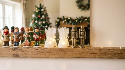 Obraz premium Christmas carolers, nutcrackers, and angel figurines arranged on a rustic wooden mantel with glowing LED lights