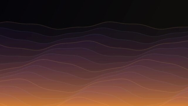 Vibrant orange and purple gradient lines wave across a dark background