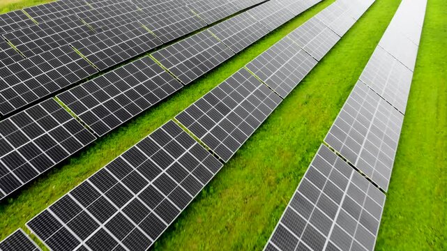 Aerial view of solar farm with photovoltaic panels and green energy production