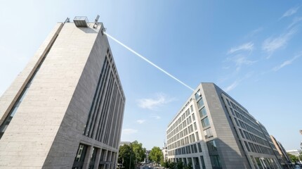 Obraz premium Wireless laser data link connects modern office towers across city skyline, symbolizing high-capacity communication