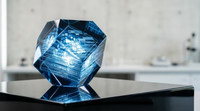 Futuristic data crystal with glowing blue code illuminates on a polished black surface in a clean studio setting, representing advanced technology and information.