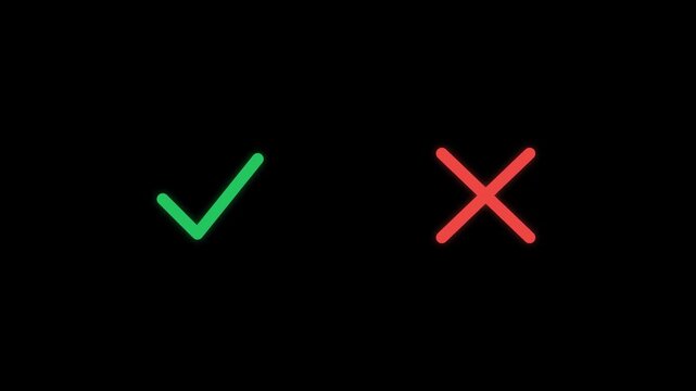 Green check mark and red cross x pair loop on black chroma key alpha channel background