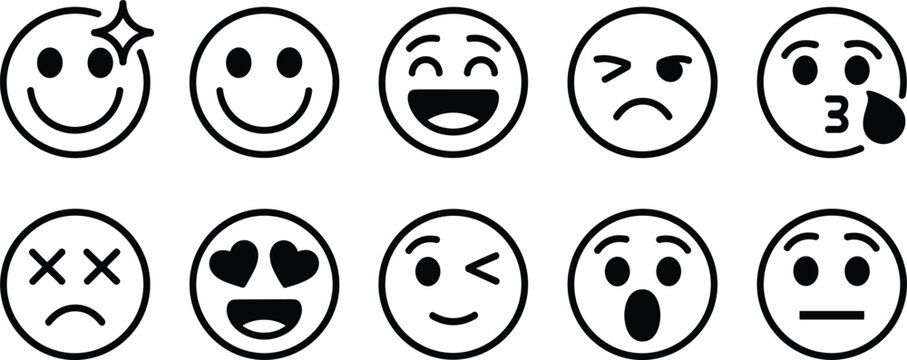 Emoji faces collection expressive emotions smile laugh wink kiss heart eyes surprised neutral vector illustration design communication art set