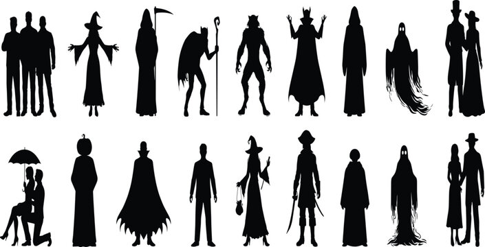 Halloween fantasy silhouettes collection witches ghosts reaper werewolf pirate couple pumpkin dark art spooky folklore vector illustration design
