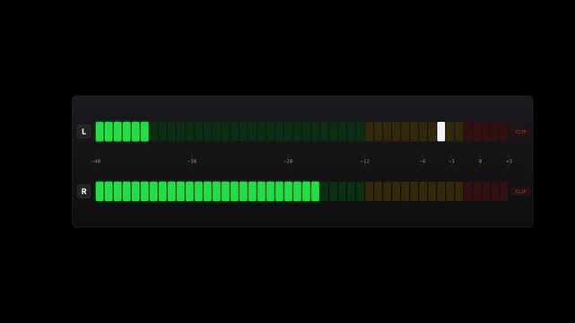Stereo LED audio level VU meter loop animation on black chroma key alpha channel background