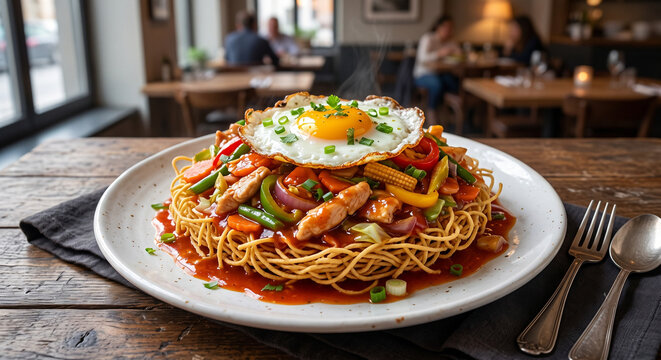 Chicken American Chopsuey with Crispy Noodles and Sweet Tangy Sauce