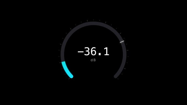 Digital decibel VU meter circular loop animation on black chroma key alpha channel background