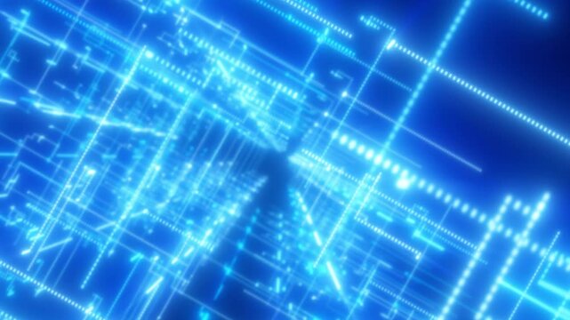 Futuristic blue digital grid of glowing lines and circuit-like structures in perspective