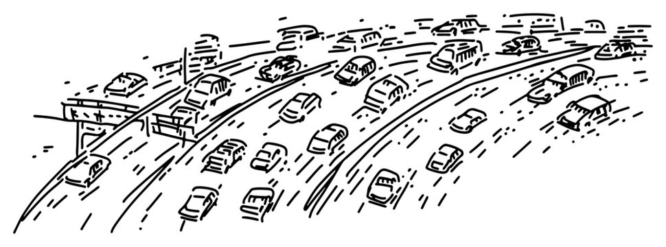 Heavy traffic jam on multilane highway with many cars and road overpass in hand drawn doodle style