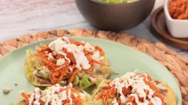 Tasty Mexican street food tostadas close-up, food photography