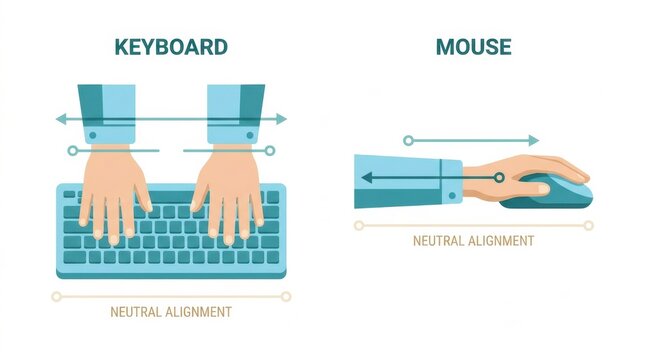 Two hands demonstrate ideal alignment for using a keyboard and mouse to prevent musculoskeletal injuries.