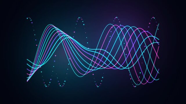 Vibrant multicolored wavy lines intersect and overlap on a dark background with scattered dots.