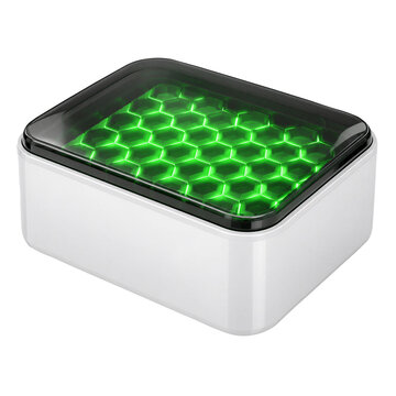 Isolated solid-state battery energy storage block, modern 3D geometric abstract futuristic unbranded eco technology green power lithium accumulator asset on transparent background PNG