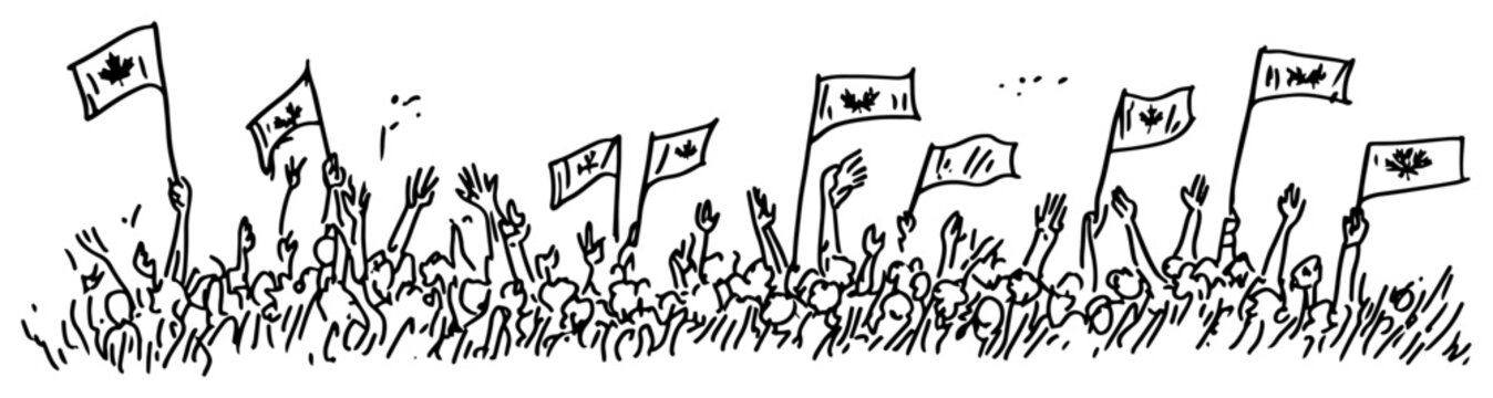 Crowd of people waving Canadian flags during public gathering in hand drawn doodle style