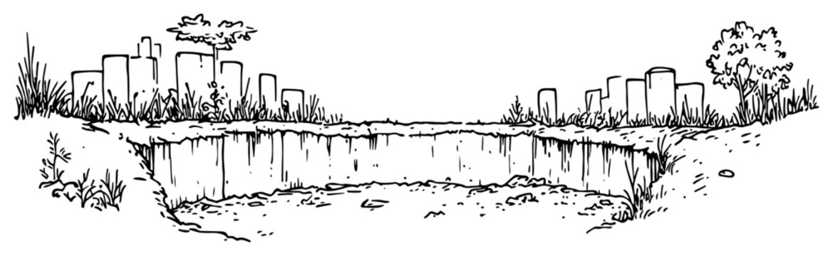 Deep pit in ground with city skyline in distance hand drawn sketch style