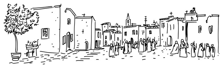 People gathered in old Mediterranean town square near classical buildings in hand drawn sketch style © Kaz