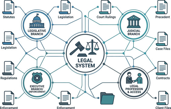 Legal system diagram details the structure of legislative, judicial, and executive branches.