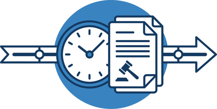 Clock positioned next to a legal document with a gavel symbol on a circular background arc.